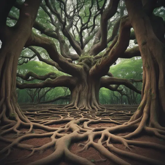 Large trees representing US banks (Chase, Bank of America, Wells Fargo, Citibank, US Bank, PNC) intertwined, depicting economic unity and strength.