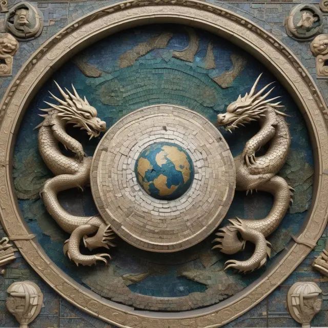 Three central dragons protecting a colorful global economic mosaic, representing the Bank of England, European Central Bank, and People