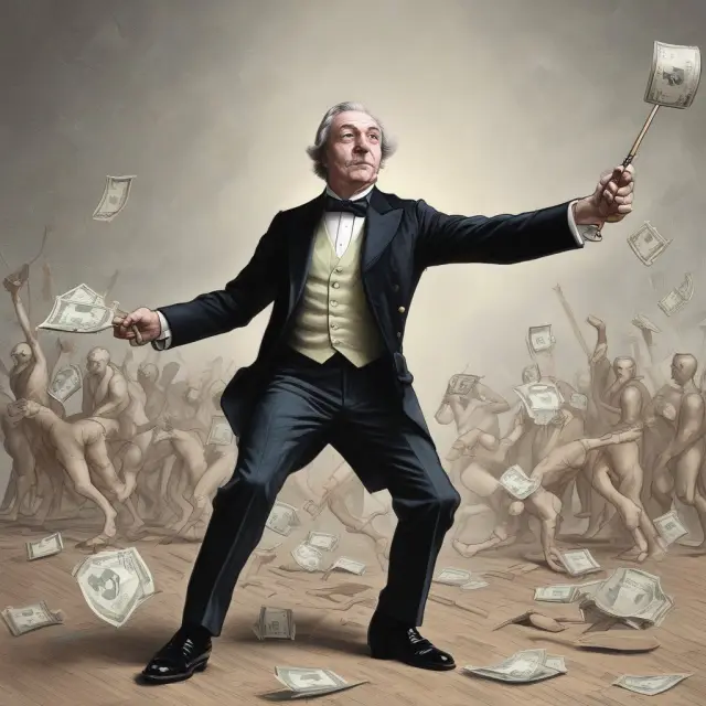 The European Central Bank (ECB) managing exchange rates through monetary policies, depicted as a conductor directing currency flows