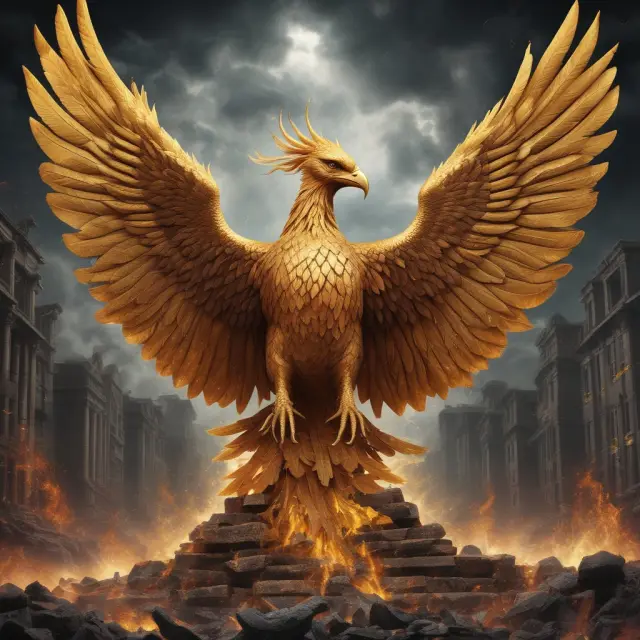 A golden phoenix rising from the ashes, symbolizing national banks