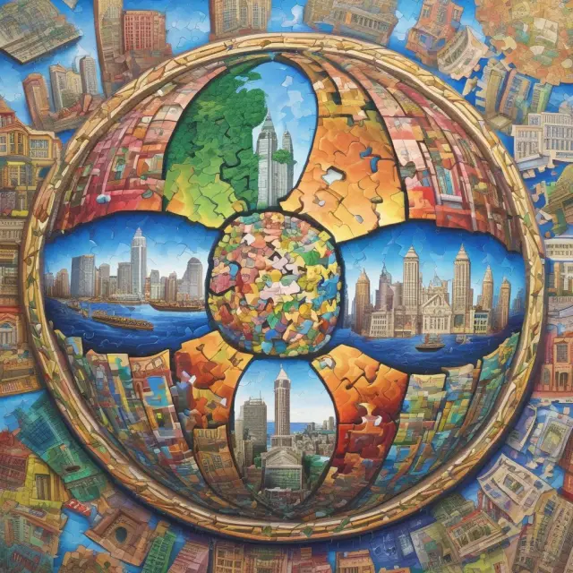 A diverse mosaic of national banks, representing central banks and commercial banks, working together to form the intricate puzzle of the global economy