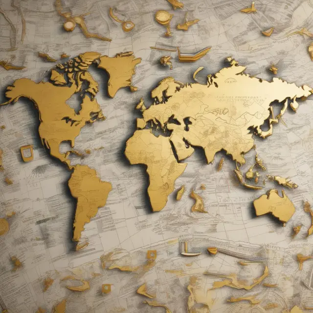 A golden U.S. dollar symbol atop the world map with various currency symbols surrounding it, illustrating global forex trading.