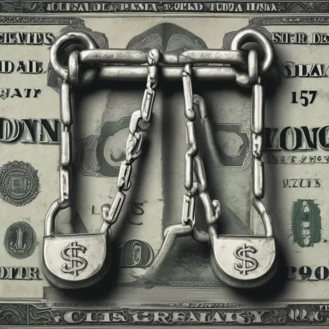 A visual representation of currency pegging with a Hong Kong dollar (HKD) and U.S. dollar (USD) locked together by chains, symbolizing the consistent exchange rate between them.