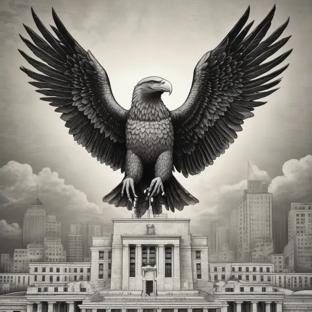 The Federal Reserve depicted as a protective eagle holding a dollar sign with outspread wings shielding the global markets.