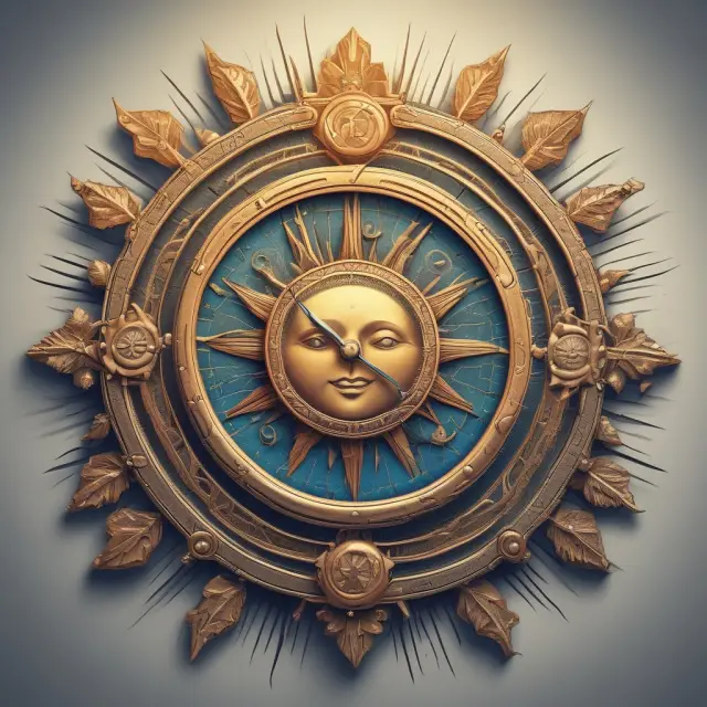 A clock face with the sun and moon representing national currencies and cryptocurrencies, respectively. The sun follows the hour hand, while the moon orbits the clock continuously