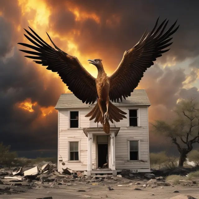 A mythical phoenix symbolizing FHA rising from the ashes of the Great Depression, insuring affordable mortgages for more Americans