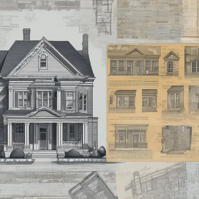 An intricate mosaic depicts historical FHA mortgage documents intertwined with contemporary house blueprints, representing the National Housing Act