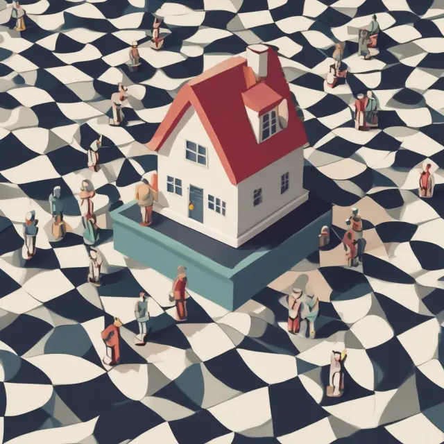 The FHA, represented by a house, offers keys for homeownership to diverse groups on a chessboard, reflecting the legislation