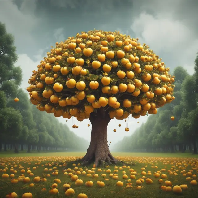 An imaginative tree adorned with golden apples as leaves and umbrellas providing shelter, representing the diverse benefits of National Insurance.