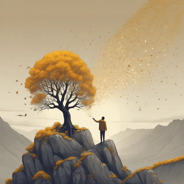 Person scatters seeds symbolizing voluntary NI contributions, creating golden trees signifying increased pension benefits