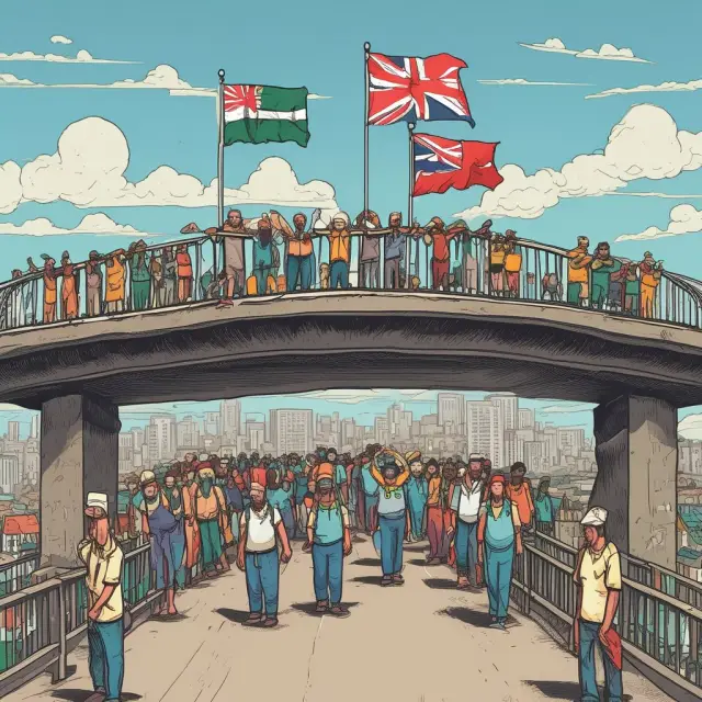 Migrant workers from various countries constructing a bridge while carrying their national flags, symbolizing the collective contribution to the UK