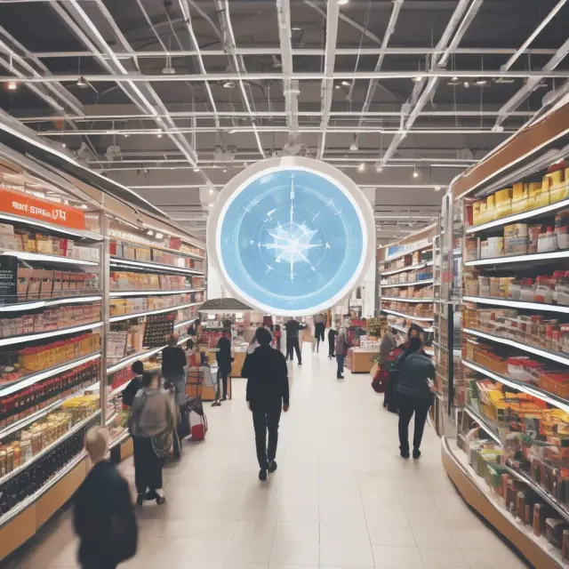 An NRF compass set against a backdrop of a dynamic retail landscape, with challenges depicted as stormy seas and opportunities represented by flourishing flowers