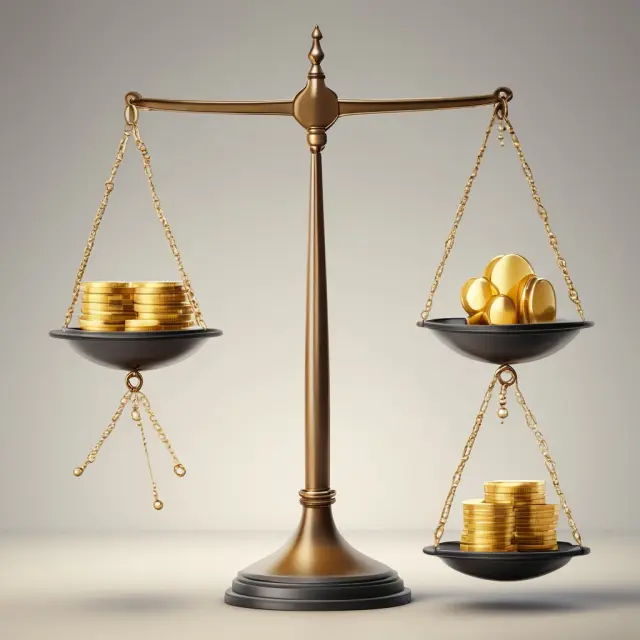 Golden coins representing economic production and consumption balanced atop a scale, with data charts in background for context