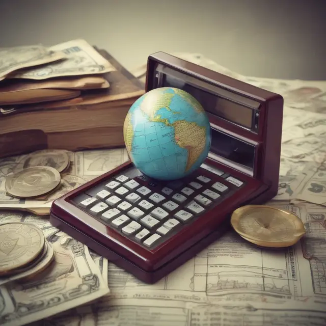 An imaginative image of a large, ornate calculator calculating economic data based on global economic indicators, symbolizing national income accounting