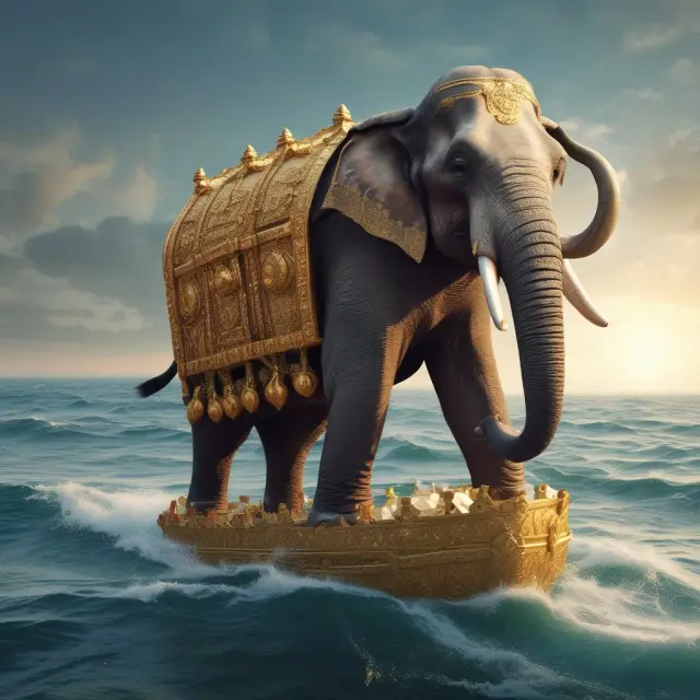 An Indian elephant holding a golden chest filled with fifty NIFTY stocks, sailing through the vast sea of international stock markets.