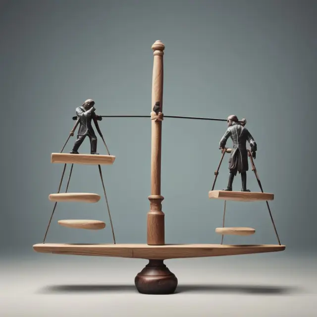 A balanced see-saw with a government figure on one side and a corporation representative on the other, illustrating the ongoing nationalization debate.