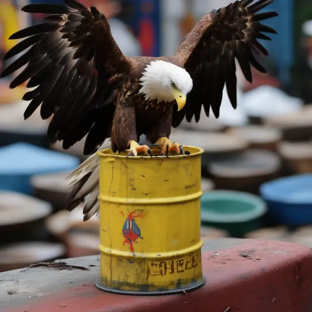 An image of a golden Venezuelan eagle grasping an oil barrel, representing the government