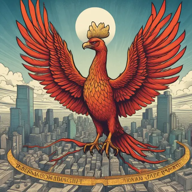 A phoenix rising from a pile of nationalized industries, symbolizing economic transformation under government control.