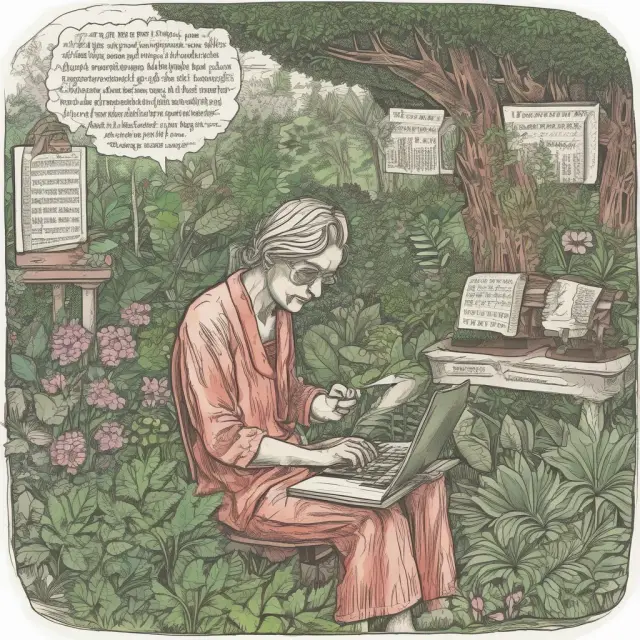 A computer system in a garden filled with flowers representing words, working diligently to decipher meaning and foster growth through Natural Language Processing