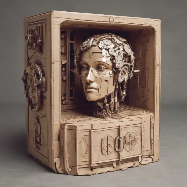 An intricate puzzle box with gears and circuits sits atop a thinking machine, representing the complex challenges faced in implementing natural language processing.