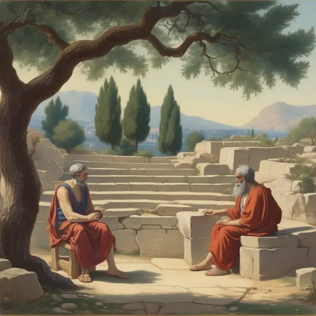Plato and Aristotle in discussion under an olive tree, pondering the principles of natural law