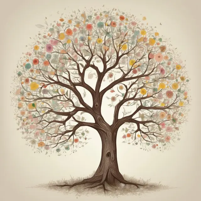 A lush, blooming tree representing natural law with roots anchored in ancient Greek philosophy and branches extending to justice, morality, and ethics