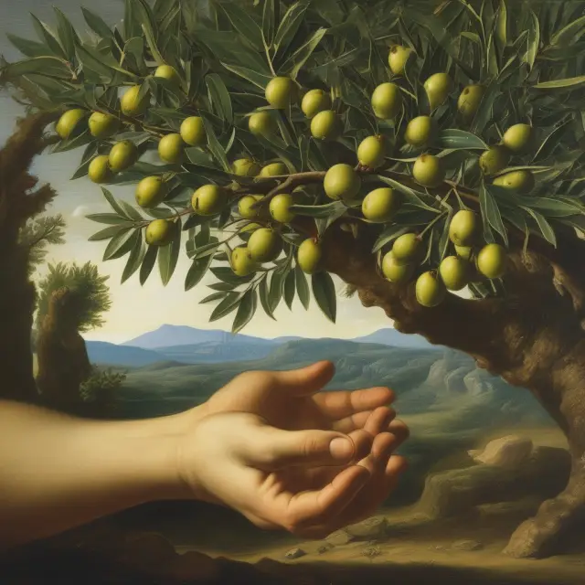 A scene featuring Plato, Aristotle, Thomas Aquinas, John Locke, and Adam Smith sharing ideas around a table with an olive branch symbolizing natural law.