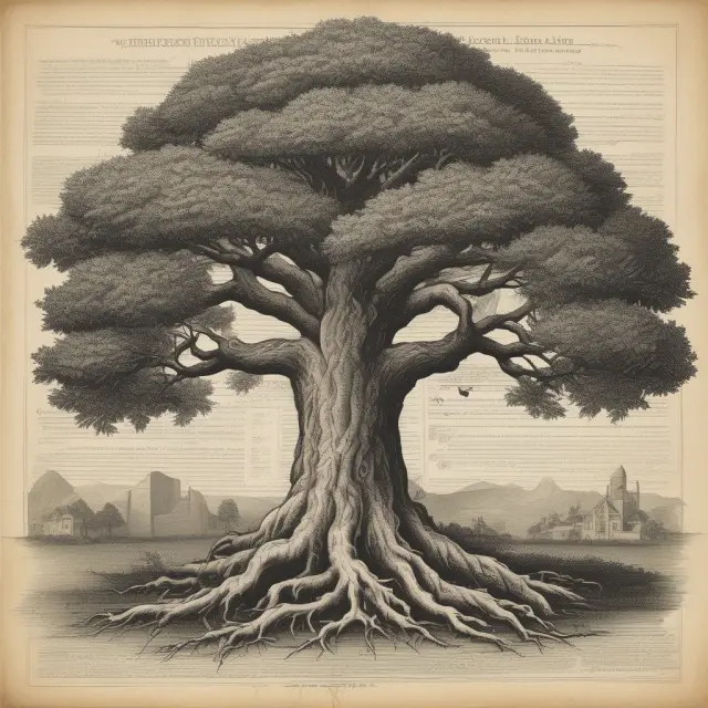 An ancient tree symbolizes natural law, with roots intertwined among foundational legal documents and extending to a towering structure representing its historical impact on the U.S. legal system.
