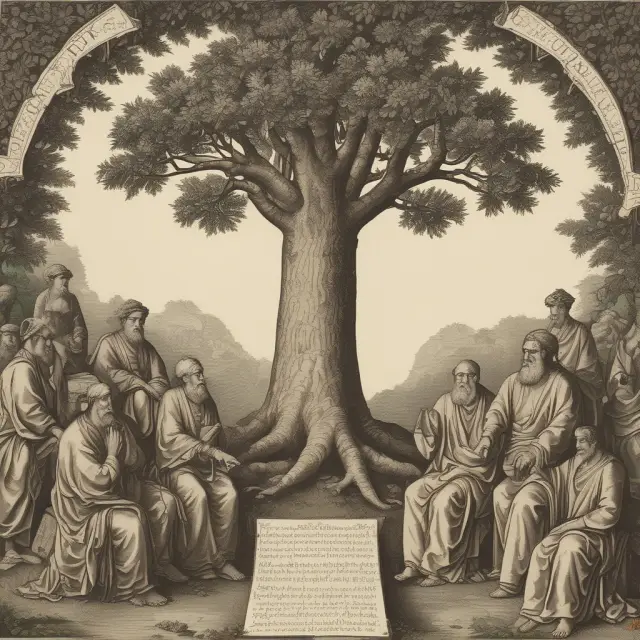 An image of five thinkers, including Plato, Aristotle, Mahatma Gandhi, Martin Luther King Jr., and Thomas Aquinas, planting seeds in a tree representing natural law