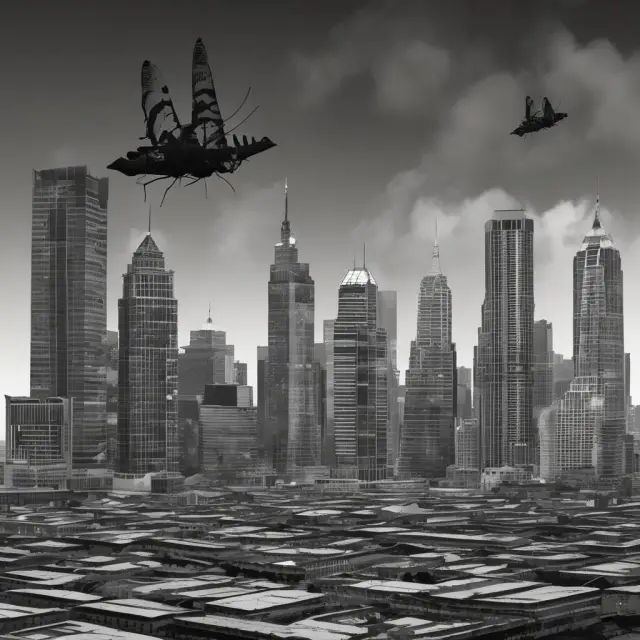 A dark moth on a blackened building amidst an industrial cityscape, symbolizing financial entities adapting to survive in ever-changing markets