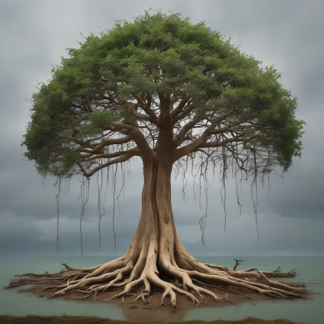 A resilient tree symbolizes adaptability in finance, with its diverse roots representing various asset classes and sectors to withstand market instability.