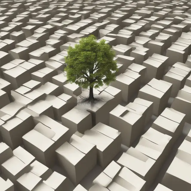 A lone tree standing tall amidst an expansive, challenging landscape with high barriers to entry symbolizing natural monopolies