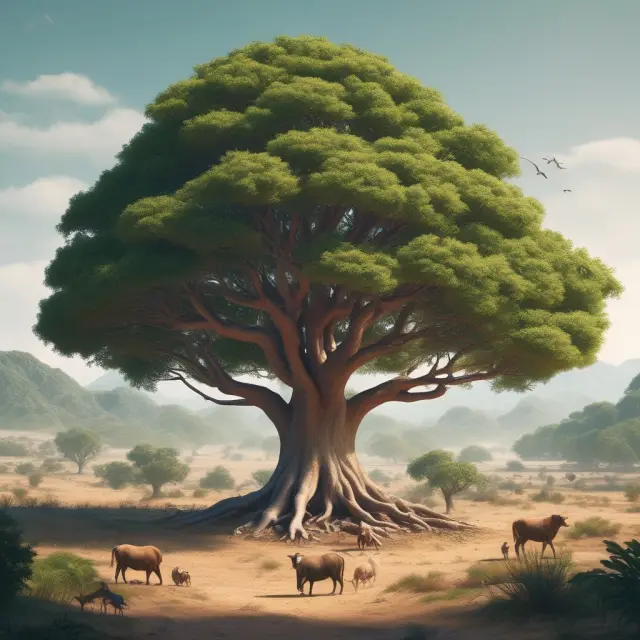A large tree offering shelter to various species symbolizing utilities (water, power) and railroads as vital, regulated natural monopolies