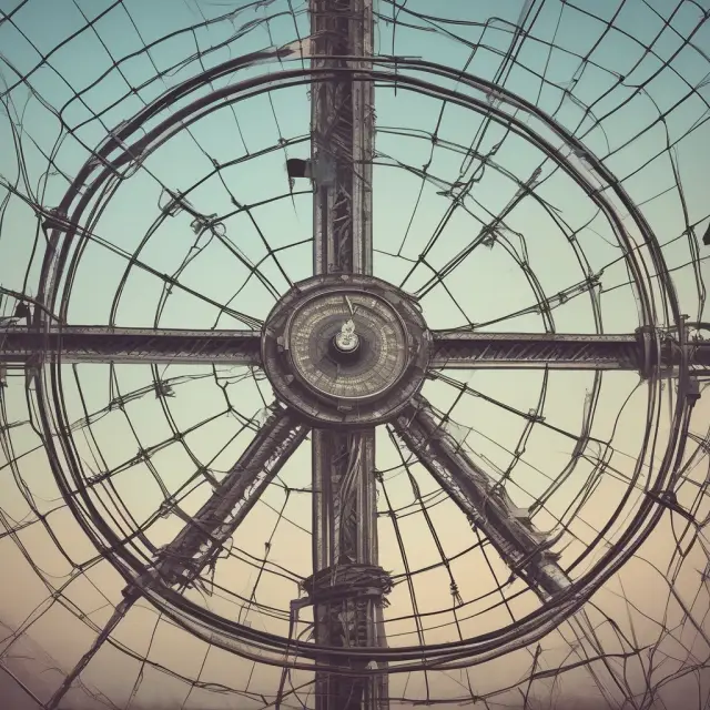 An image depicting a compass directing the flow of electricity across a complex network of power lines, representing regulatory bodies governing utility industries as natural monopolies.