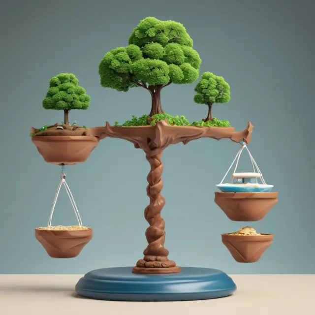 An image of a scale with a dominant natural monopoly represented by a large weight tipping the balance while two small islands symbolize consumer interests and competition.