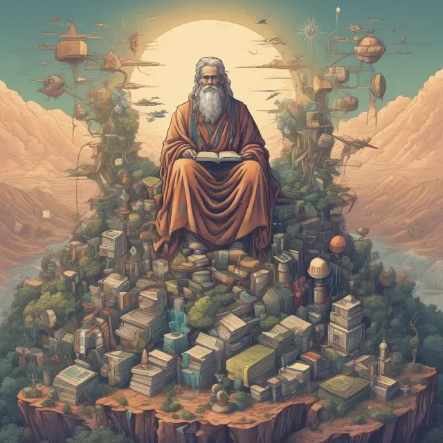 An ancient sage consults tech giants Meta, Google, and Amazon on a mountain, symbolizing the intersection of knowledge and natural monopolies