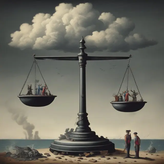Workers balance on one side of a scale while jobs sit on the other, representing natural unemployment. A storm cloud hovers over industries, depicting cyclical unemployment.