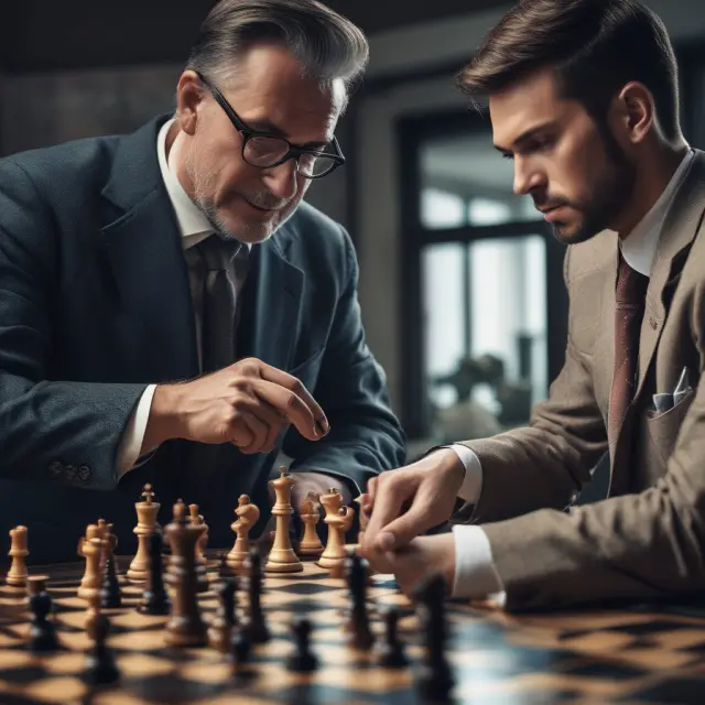 Two players - a fund manager and an authorized participant, engage in a strategic game on a chessboard representing mutual funds and ETFs markets, making moves to manage premiums and discounts.
