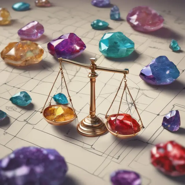 A person meticulously calculating Net Asset Value Per Share (NAVPS) with a balance scale and precious stones symbolizing assets