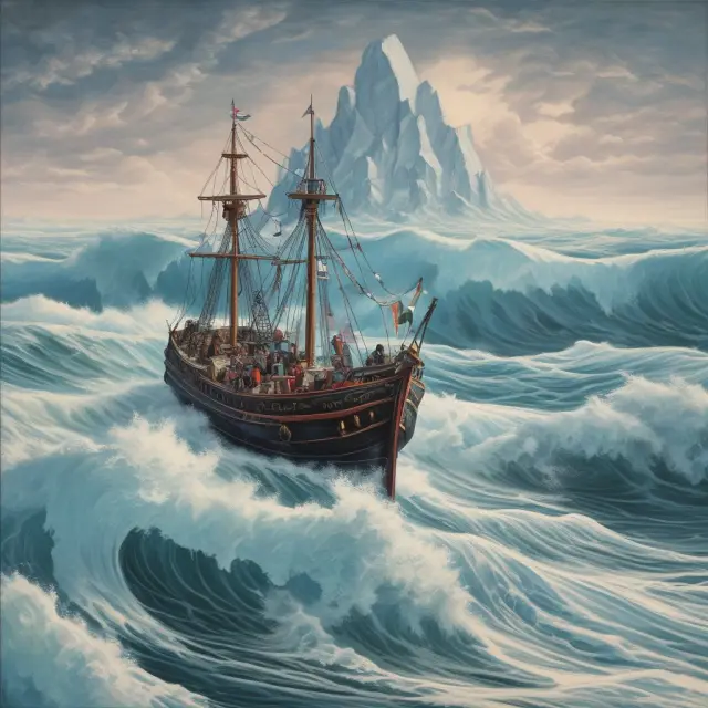 Image of a captain navigating a ship between the iceberg representing net asset value per share (NAVPS) and the stormy waves symbolizing market price in the context of mutual funds.