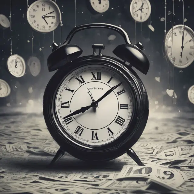 Clock striking midnight, mutual fund net asset value per share numbers appearing.