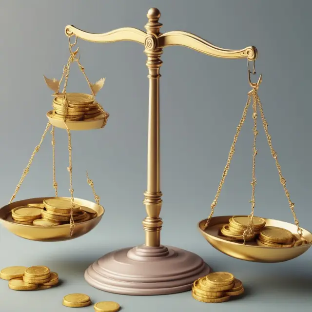 A scale balances a stack of gold coins (representing mutual fund shares) against a weight depicting the net asset value per share