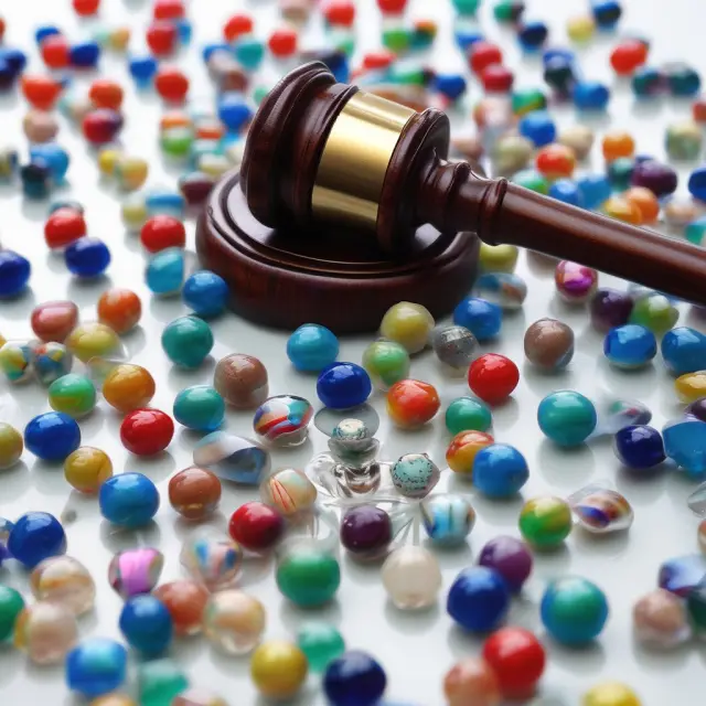 Regulator enforcing NBBO with gavel and shattering glass beads symbolizing fair prices in securities trading