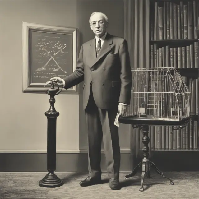 Benjamin Graham, the investing legend, meticulously calculates NCAVPS using a balance scale and an abacus.