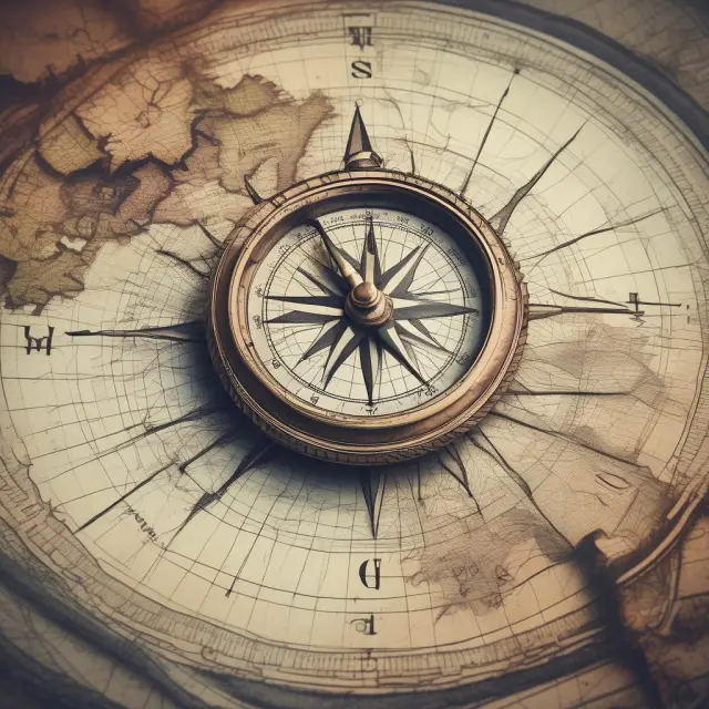 An investor in a rowboat, navigating stormy waters using a compass bearing industry trends while seeking undervalued stocks represented by buoys