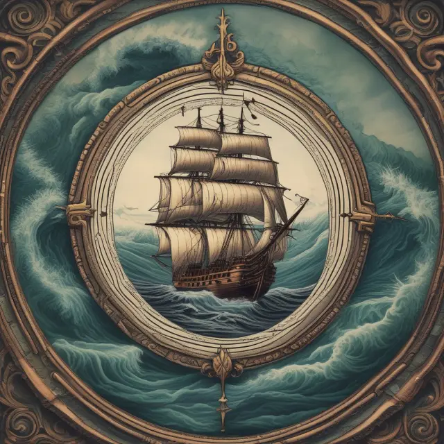 An ancient compass on a wooden ship sailing through stormy seas, illustrating the role of NCAVPS as a value investing tool in uncertain markets.
