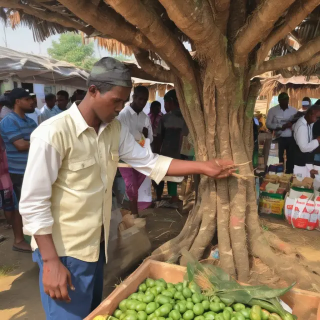 Farmer examining prices on NCDEX platform, with intermediaries replaced by a productive tree symbolizing improved agricultural practices
