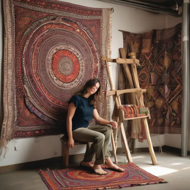 A multicolored tapestry depicting interconnected company shares being woven in the marketplace
