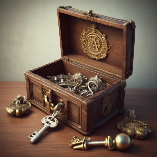 Key opening an NDA chest with labels for participants, definition, time limitation, exclusions, appropriate use, legal consequences, and governing law
