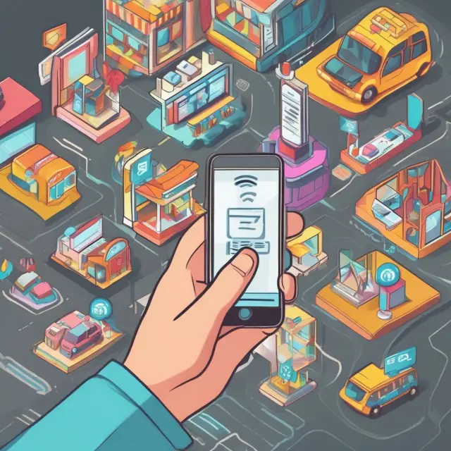 Near-field communication (NFC) touching advertisements, tickets, access control systems, and public transportation, symbolizing its vast influence